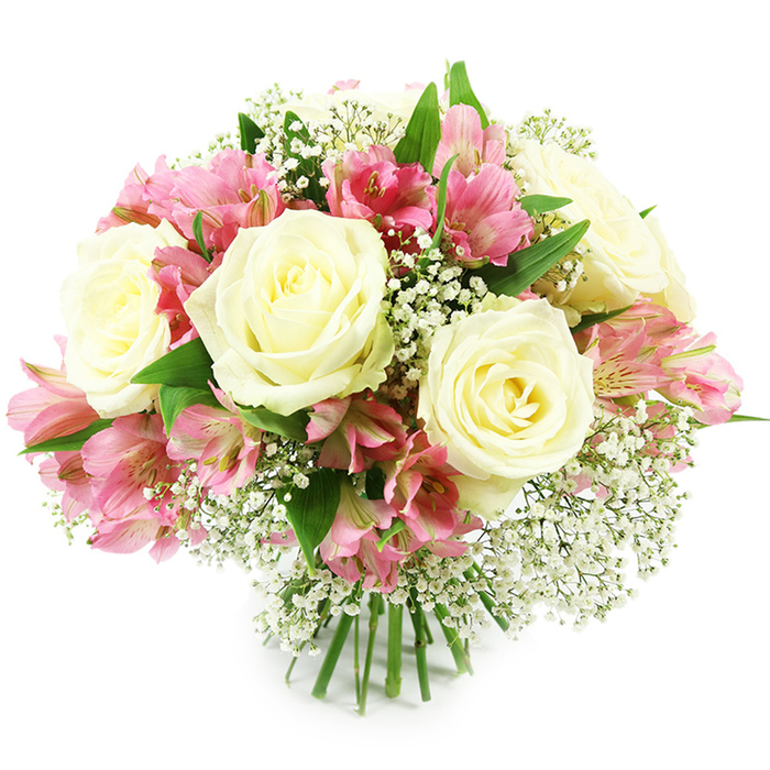 A rounded, hand-crafted bouquet of white roses, pink alstroemeria, and feathery baby's breath is captured in front of a bright white background, giving the scene a clean, almost studio-like clarity that emphasises each bloom. At the centre, several large white roses create a focal point with their densely layered petals and classic, cup-shaped forms. The petals transition subtly from a soft ivory outer layer to a gentle, buttery hue near the core, as though the flowers are holding a pool of warm light. Nestled between them are numerous stems of pink alstroemeria, each carrying multiple blossoms that flare open like small trumpets. Their petals blend pastel pink at the edges into rich fuchsia and magenta toward the throat, where delicate stripes and freckled markings add a sense of movement and complexity. Sprays of Gypsophila, commonly called baby's breath, are interlaced throughout, their clusters of minute white flowers forming a fine, mist-like texture that seems to float around the larger blooms, softening edges and creating a gentle, romantic atmosphere. Around the perimeter, glossy green leaves provide a fresh backdrop, their long, smooth surfaces and deep colour framing the bouquet and accentuating its brightness. The stems are gathered tightly and evenly at the base, revealing the bouquet as a professionally tied design, ready to drop into a vase on a dining table in Brent Cross or nearby Hendon. Even lighting reveals every subtle shift in tone and texture, from the velvet of the rose petals to the delicate, papery feel of the alstroemeria. The arrangement conveys poised elegance and tender warmth, suited to birthdays, anniversaries, or simply to brighten an afternoon in a home overlooking Brent Cross Park or the surrounding tree-lined streets.