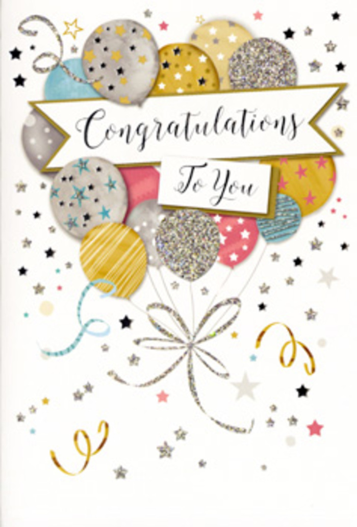 In this image, a beautifully detailed congratulations card stands as the visual centrepiece, evoking the energy of a festive gathering in one of the homes or offices around Brent Cross. At the heart of the card, a smoothly curved banner unfurls with an air of gentle movement, bearing the heartfelt message Congratulations To You in elegant, calligraphic script that appears slightly raised and luminous, like carefully burnished metal. Surrounding and rising above this banner is an abundant bouquet of illustrated balloons, clustered so closely that they almost touch at their edges, much like a dense dome of mixed flowers arranged by Brent Cross Flowers for a special occasion. The balloons are rendered in a harmonious palette of soft metallic hues-warm gold, cool silver, creamy champagne, serene sky blue, romantic blush pink, and gentle grey-each given unique decorative touches. Some shine with tiny star patterns, others are wrapped in shimmering stripes, and a few are scattered with fine, glitter-like dots that suggest a subtle sparkle, as if catching the light from a nearby window overlooking the North Circular. From the base of the balloon cluster, slender ribbons in gold and silver drape downward, curling and twisting in relaxed spirals that flow across the front of the card. The background remains light and uncluttered, but is sprinkled with miniature stars, swirling confetti shapes, and soft metallic flecks that make the whole composition feel airy and weightless. Together, these elements create an impression of joyful celebration and genuine pride, ideal for recognising exam success, professional milestones, or life achievements in Brent Cross, transforming a simple card into a keepsake that captures the feeling of a moment worth cherishing.