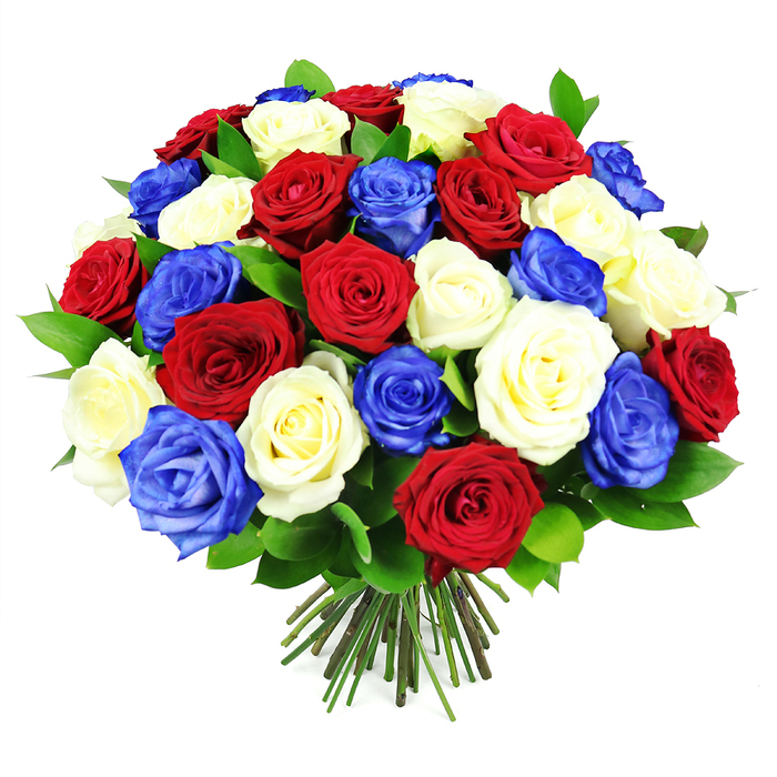 A lavish bouquet of roses in a red, white, and blue colour scheme commands the viewer's attention, the blooms arranged so densely that they form a rounded, almost perfectly domed silhouette. The bouquet is photographed against a bright, uncluttered white background, which enhances the contrast of the saturated hues and gives the arrangement a clean, modern feel. Each rose is captured in intricate detail: crimson petals appear soft and velvety, folding over one another in generous layers; the white petals, some pure and others with a creamy tinge, reflect the light delicately; and the royal blue roses, a vivid sapphire shade, introduce a dramatic and slightly unexpected note. The distribution of colours is carefully balanced, with red, white, and blue roses interspersed evenly so that no single shade dominates, creating a harmonious, tri-colour rhythm across the surface of the bouquet. Deep green, glossy leaves can be seen occasionally between the rose heads, adding depth, texture, and a hint of natural wildness, while still maintaining an overall polished appearance. At the base of the bouquet, a tight bundle of straight stems, trimmed neatly with some natural brown at the cut ends, is visible, showing the hand-tied craftsmanship typical of a professional florist's work. The arrangement seems particularly suited to patriotic holidays, remembrance days, or formal celebrations across Brent Cross and nearby areas such as Hendon and Dollis Hill, where it might adorn a dining table, a community hall, or a place of quiet reflection. The bouquet suggests pride, unity, and heartfelt appreciation, embodied in a sculptural cluster of freshly cut roses that looks ready to be delivered straight to a doorstep or event venue.
