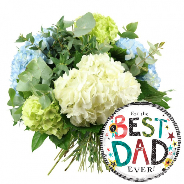 This image showcases a cheerful Father's Day floral gift designed with both elegance and fun, set against a clean white background that enhances every detail. On the upper left and centre of the frame sits a substantial hand-tied bouquet of hydrangeas, their generous heads forming a round, cloud-like arrangement. In the middle, creamy white hydrangeas dominate, each bloom made up of countless delicate petals that together create a soft, cushiony texture. Around them, light blue hydrangeas emerge, especially along the left side and top, offering a calm, cooling tone that feels as gentle as an easy afternoon in the quieter streets of Brent Cross. Bright lime-green hydrangeas are nestled towards the bottom left and right of the bouquet, creating a vivid, modern contrast that brings the whole design to life.   

Between the hydrangea heads, elegant sprigs of eucalyptus in a silvery-green shade and darker green foliage add dimension, movement, and the sense of a fresh, herbaceous fragrance. The stems, long, green, and straight, are visible at the bottom where they are neatly gathered and tied, conveying the precision and care of a skilled local florist at Brent Cross Flowers. To the lower right, partly overlapping the base of the bouquet, a shiny round foil balloon provides a playful, celebratory touch. The balloon features a bright white centre with a bold black-and-white striped border at the top and bottom, framing the message For the BEST DAD EVER! The words are rendered in a mix of fonts and colours: BEST and DAD use patterned and solid letters in red, teal, black, and green, with polka dots and stripes adding texture. Scattered stars in yellow, red, teal, and black, along with tiny confetti-like dots and a small No. 1 rosette graphic, decorate the background. The combination of refined hydrangeas and the lively balloon makes this image a perfect visual for a Father's Day surprise or a special birthday bouquet delivered around Brent Cross.