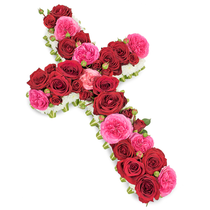 A richly adorned funeral flower cross is displayed against a clean white background, its shape instantly recognisable and entirely cloaked in carefully chosen blooms. The central area of the cross is made up of closely packed red roses, each flower fully open with velvety petals spiralling outward in layers of deep crimson that convey a sense of devotion, courage, and heartfelt respect. Woven through this sea of red are clusters of fuchsia pink roses, whose fuller, garden-style blooms add a gentle brightness and tenderness to the piece, suggesting the softer, more intimate sides of love and memory. Dotted among the larger flowers, smaller rosebuds in the same red and pink tones peek out, bringing subtle variation in size and form and creating the impression of a life marked by many chapters. Along the very edges of the cross runs a neat border of small white flowers, probably miniature chrysanthemums or compact spray carnations, arranged so tightly they appear like a delicate cloud tracing the outline of the Christian symbol and underscoring feelings of purity, serenity, and spiritual rest. Here and there, small hints of green foliage and slender leaves are visible beneath the rich roses, providing quiet structure and a sense of freshness. The image is lit with soft, neutral light that reveals the true colours and velvety textures of the petals while maintaining a contemplative, respectful atmosphere. This type of rose cross is often selected by families in Brent Cross and surrounding areas such as Temple Fortune and West Hampstead for church services, crematorium chapels, or graveside tributes, where its rich colour palette and sacred shape together express love, faith, and a dignified farewell.