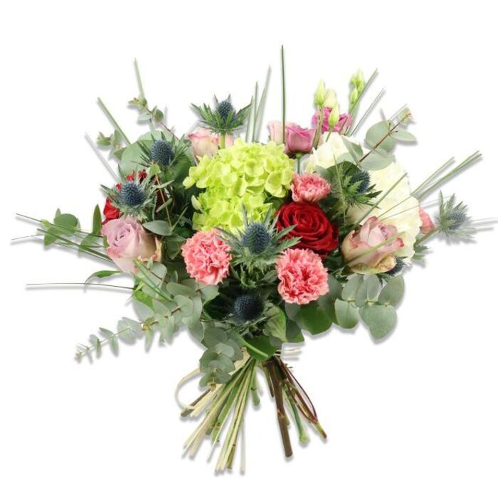 This image shows an expertly hand-tied mixed bouquet photographed on a bright white background so every bloom and leaf is crisply defined. Dominating the centre is a large, lime-green hydrangea whose dense clouds of tiny petals create a pillowy texture that softens the overall composition. Nestled among and around it are multiple roses-some rich, velvety red for classic depth and others in pale pink and cream that open slightly to reveal delicate inner layers-lending romance and fullness. Coral-pink carnations with their frilled petals weave warmth through the arrangement, their crinkled forms contrasting pleasingly with the smooth rose heads. Architectural blue-grey Eryngium thistles appear at intervals, their spiky, star-like silhouettes and cool tones adding an intriguing, contemporary counterpoint. The foliage-rounded, silvery eucalyptus leaves and long, upright blades of green or slender filler stems-frames the blooms, creating both scent and a breezy outline. The bouquet is bound at the base with natural twine, the green stems visible and freshly cut, a testament to careful hand-work. In soft natural light the colours pop: chartreuse, coral, rose, red and steely blue against verdant greens. Imagining this delivered across Brent Cross toward Gladstone Park or a nearby Hendon address, it feels right for celebratory moments-birthdays, anniversaries-or as an elegant centrepiece that brings texture, scent and seasonal joy into a contemporary home. The overall effect is lively yet thoughtfully composed, showcasing florist skill and freshness.