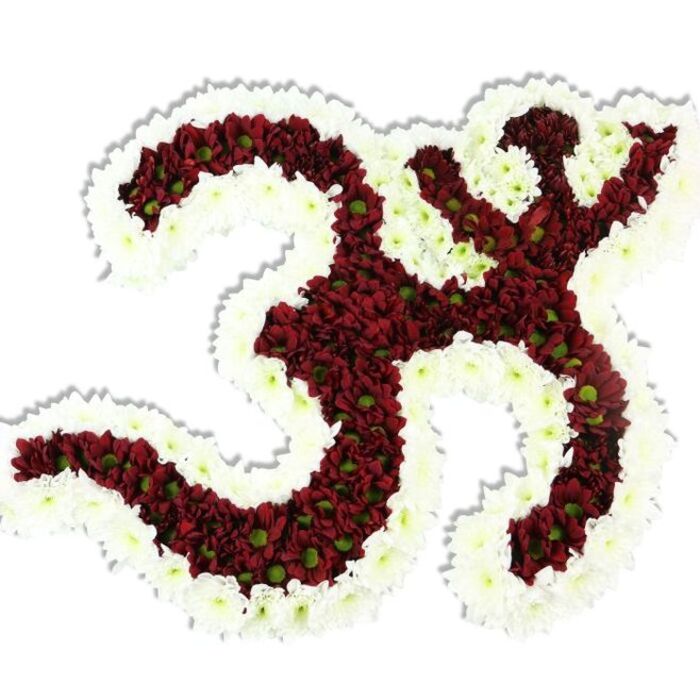 Rich, sculptural and reverent: a floral Om (Aum) rendered in miniature chrysanthemums sits against a stark white background with the kind of precision we aim for at Brent Cross Flowers. The symbol's primary mass-the looping '3' form, the connected S-like stroke and the small crescent with dot-has been filled with thousands of tight, dark red to maroon pompon blooms, many revealing small lime-green centres that add liveliness and subtle contrast within the deep colour field. Surrounding and carving the negative spaces is a generous, wavy border of pristine white spray chrysanthemums; this bright outline crisply defines the Om and lifts the whole composition into a sculptural relief. The texture is both lush and refined: closely packed petals create a soft, almost tactile surface that reads velvety and cool, while a faint earthy floral scent grounds the piece in a calm, consoling mood. A gentle drop shadow beneath the work makes it read as a three-dimensional tribute suitable for shrine tables, memorial displays or cultural ceremonies across Brent Cross, Cricklewood and the nearby Welsh Harp area. I imagine this piece brought to local temples, community centres or a quiet family remembrance in Dollis Hill, where its colour palette and disciplined form convey devotion, respect and skilled floral artistry. The overall effect is devotional and elegantly restrained, a visual hymn in blooms.