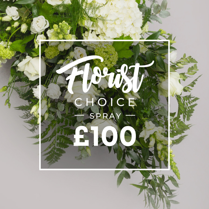 An abundant and elegant floral arrangement commands attention with its white bloom on a field of green. Dominant soft white hydrangeas form generous mounds at the top, while classic white roses appear in multiple stages of bloom, from tightly furled buds to fully opened blossoms. Interspersed are smaller white blossoms that resemble lisianthus, their bell shaped faces carrying gentle green tints, adding lightness to the design. The greens are a lush chorus around the blossoms: feathery ferns curling through the lower sections, soft grey green eucalyptus leaves, and darker, glossy leaves that provide structure and contrast. The soft light grey background makes the composition feel airy and refined, a signature look for a premium white and green spray. In the center of this display, a clean white rectangular border overlays the scene, with Florist Choice scripted in flowing white letters at the top, followed by SPRAY in uppercase below, and the price £100 at the bottom. The border is barely translucent, so the tangle of stems and leaves beneath remains visible, a nod to craftsmanship and transparency. This image showcases a contemporary classic, ideal for sympathy tributes, formal gifts, or elegant home styling, one that a Brent Cross florist would curate with quiet confidence for delivery across Brent Cross, Hendon, and surrounding streets. Fresh, serene, and versatile, it speaks of careful growing, careful matching, and the promise of lasting beauty. It invites a moment of calm in busy homes, a small luxury delivered with care across Brent Cross and surrounding streets.