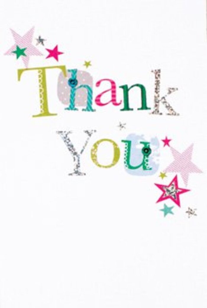 A delicate, joyful thank-you card rests against a spotless white canvas, its hand-drawn energy carried by letters that vary in colour and character - a lively lime green, a vivid fuchsia, a cool cerulean and touchstones of silver that catch the light and add a soft gleam. Some letters are patterned in tiny polka dots, others edged with faux stitching that reads like a seam sewn by hand; together they form a tactile alphabet of appreciation. Tiny stars float in and around the greeting, painted in shades of pink, deep turquoise and silvery shimmer, gathering into small constellations that feel celebratory without being loud. The spacing and airy layout give the design a modern, buoyant quality: nothing is crowded, every colour has its moment. In the mind of a florist, this card reads as an ideal accompaniment to daytime bouquets - the kind you might order to send across Brent Cross or deliver near Hendon Lane when you want to say thank you with brightness rather than formality. There's an understated elegance to the piece: a playful palette balanced by refined composition, offering both the cheer of a summer party and the calm of sincere thanks. When paired with fresh stems, the card's textures and hues become part of the arrangement's feeling, like a ribbon that echoes the blooms and a note that carries the sender's warmth into the room.