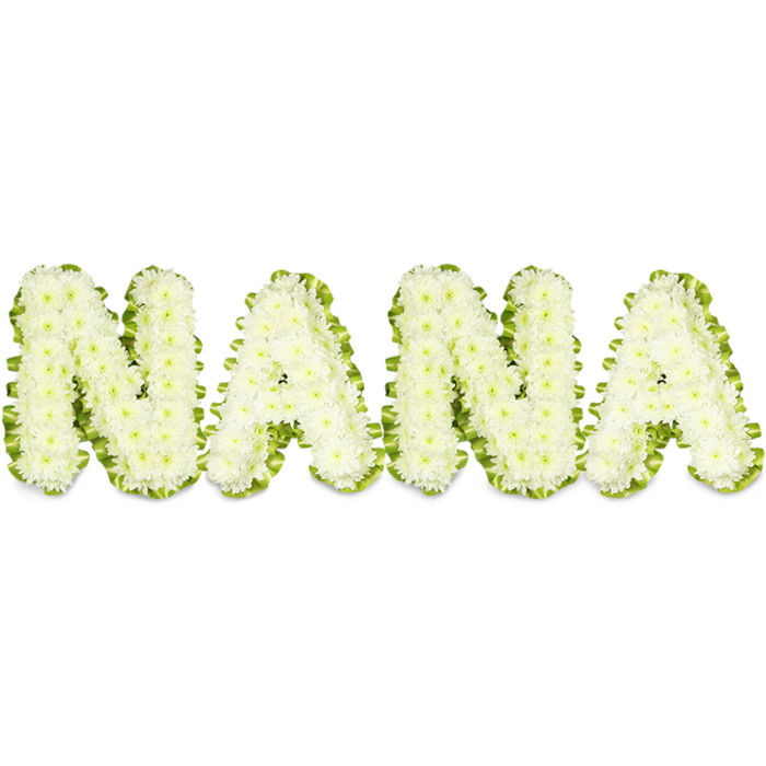 A solemn, carefully assembled floral tribute spells the name NANA in four large, three-dimensional letters, each entirely covered in tightly packed white chrysanthemum blooms that create a uniform, pillowy surface. The small, delicate petals nestle close together so that each character reads as a solid sculptural block, while a vivid green border - appearing as fresh foliage or a neatly set satin ribbon - outlines every letter and sharpens their profile against the plain white background. The contrast between pure white and bright green is crisp and serene, evoking purity, peace and natural grace. The lighting is even and clear, revealing the meticulous craftsmanship: subtle layering of stems, careful trimming for a smooth silhouette, and the freshness of petals whose texture suggests softness beneath the eye. As the lead florist at Brent Cross Flowers I often create similar personalised tributes for graveside services and memorials around Brent Cross, Cricklewood and Golders Green; this style reads as a respectful homage to a cherished grandmother, intended to offer comfort to family and friends during a tender ceremony. The arrangement's scale, texture and gentle colour story communicate reverence and lasting affection - a visual affirmation of love and a quiet celebration of a matriarch's life. Viewed up close one can almost sense the faint, green-tinged scent of fresh foliage and the subtle, clean aroma of chrysanthemums, lending the piece an air of calm and thoughtful remembrance.