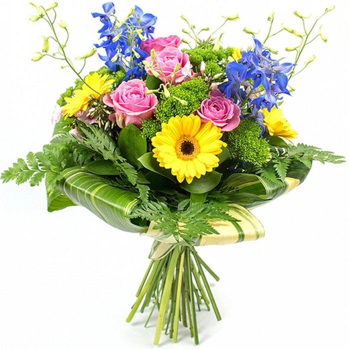 A colourful, professionally arranged bouquet stands upright against a bright white background, each element clearly defined, as if ready to be dispatched from Brent Cross Flowers for local delivery. At the heart of the design, several pink roses bloom in generous spirals, their velvety petals slightly cupped and gently overlapping, conveying a sense of tenderness and timeless romance. Embracing these central blooms are bright yellow gerbera daisies with distinctive dark brown centres, their wide, symmetrical petals forming radiant circles that bring a burst of sunshine and cheer to the arrangement. Rising from behind and between these warmer tones, tall stems of deep blue delphinium introduce a contrasting coolness; their vertical lines and clusters of small florets lend height and a refined, almost formal elegance. The bouquet is richly cushioned with layers of green foliage: delicate, feathery fern fronds soften the edges and spill gracefully outward, while compact clumps of bright green, cushion-like filler foliage sit between the larger flowers, adding textural depth and making the arrangement feel abundant and fresh. Around the lower portion of the flower heads, broad, glossy green leaves are skillfully wrapped to form an elegant collar, some showing subtle streaks of lighter green that catch the light and add a tropical flair. Fine, pale green stems with tiny unopened buds extend lightly above the main blooms, giving the bouquet a sense of movement and new life. The stems below are visible, neatly gathered and secured with a simple, natural-looking binding, showcasing the hand-tied craftsmanship. The overall effect is vibrant yet balanced - a joyful bouquet well suited to birthdays, congratulations, or brightening a home or office anywhere in the Brent Cross area with a touch of contemporary floral beauty.