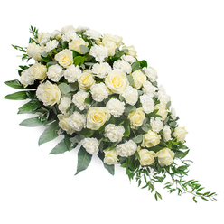 A large, elegant sympathy spray in white and green spans diagonally across a pure white background, its classic teardrop shape full at the top and tapering gracefully to a fine point. At the centre of the design are numerous white and soft cream roses, arranged in a way that looks both abundant and carefully controlled. Some roses are still forming, with smooth outer petals cupping the inner ones, while others are fully open, revealing spiralling hearts that catch the light. Between and around the roses, ruffled white carnations provide a softer, more textured counterpoint, lending the spray a sense of depth and quiet richness. The flowers are nestled into a base of varied greenery: deep green leaves for structure, cool-toned eucalyptus for a silvery, soothing contrast, and slender trailing stems that flow from the narrow end and add natural movement. The foliage frames the blooms without hiding them, ensuring the white flowers remain the focus. Gentle, diffused lighting highlights the creamy tones and the different leaf shapes, giving the whole composition an air of refined calm. This arrangement would feel at home at a farewell service in Brent Cross, perhaps on its way to a chapel near the shopping centre or a peaceful burial ground in North West London. It expresses respect and sympathy without excess, which many local families appreciate during difficult times. The spray's balanced palette and timeless design make it a comforting floral tribute, suitable for conveying condolences, honouring a loved one's life, and bringing a moment of beauty to a solemn occasion.