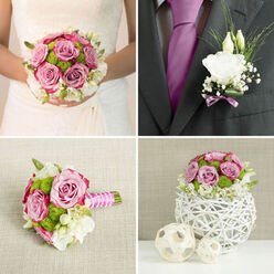 A refined bridal bouquet and matching boutonnière are presented in a quiet, elegant setting that could be a dressing room in Brent Cross on the morning of a wedding. The bouquet takes on a pleasingly rounded, almost sculpted shape, composed mainly of mauve-rose and lavender-pink blooms, each rose fully open with velvety petals gently curving backward to reveal the heart of the flower. Between them, bright green button chrysanthemums sit snugly, their tiny, domed heads introducing a crisp, tactile quality that keeps the design lively. The green feels as fresh as the trees and gardens scattered around the Brent Cross area. Creamy white lisianthus and other ivory-toned flowers nestle gracefully among the roses, their soft, frilled petals folding delicately like layers of chiffon. Wisps of foliage extend slightly beyond the main outline of the bouquet, giving it a touch of movement and making it feel less rigid, more like a handful of carefully selected garden blooms. The stems are bundled together and wrapped in smooth satin ribbon, alternating or blending white and blush-pink, the wrap neat and secure, forming a comfortable handle for the bride to hold during the walk down the aisle. Resting beside the bouquet, the boutonnière features a single white flower bud or small open bloom, accented with a hint of lavender ribbon and just enough greenery to give it shape and interest. The scale is modest, ensuring it complements rather than overpowers a suit. This coordinated floral pair speaks quietly of elegance, tenderness, and the shared joy of a wedding day, well-suited to celebrations across Brent Cross, from city venues to more intimate gatherings.