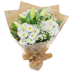 Pristine white stems are gathered into a graceful, upright hand-tied bouquet shown against a simple white background, the overall mood one of tranquil celebration. A generous chorus of white chrysanthemum blooms, each petal layered around a small yellow centre, creates a bright, friendly foundation, their rounded faces opening as if to welcome conversation. Interspersed among them, elongated pale green lily buds introduce a sleek, architectural line and a sense of future arrival - some gently striped, all holding the promise of a later unfurling. Sprays of baby's breath (Gypsophila) drift through the arrangement like soft snowfall, their minute blossoms lending lightness and a feathery texture that softens the denser flowers. Rich, dark-green foliage frames and lifts the bouquet, providing depth and a verdant backdrop that accentuates the crisp whites. The flowers are gathered with care and wrapped in tactile brown kraft paper that feels rustic to the touch, then protected with an outer clear cellophane sheet that lets the blooms shine while keeping them secure for transport. The wrapping is neatly folded and tied at the stems, forming a compact, easy-to-carry presentation typical of a morning delivery from a local florist. In the scent there is a subtle, clean floral note with a hint of fresh-cut green; visually the piece reads as pure and reassuring. This arrangement is suitable for occasions from celebrations and congratulations to sympathy or get-well wishes, and it reflects the thoughtful composition of an experienced neighbourhood florist serving Brent Cross and nearby Cricklewood.