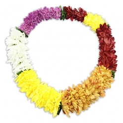 Set against a luminous white background, a single chrysanthemum-style funeral lei forms an unbroken oval, its colours arranged in serene, rhythmic bands. The flowers, likely high-quality artificial blooms, mimic the texture of fresh chrysanthemums or carnations with their many fine, layered petals, which are packed so closely together that the garland appears thick, cushioned, and reassuringly solid. Beginning at the top and moving clockwise, the lei opens with a segment of deep purple, velvety and contemplative, then glides into a short section of pure white blossoms that bring a moment of calm clarity. The next band shifts into bright, sunlit yellow, imparting gentle optimism much like the cheerful buzz around Brent Cross station on a bright morning. This yellow then warms further into amber and golden hues, evoking the glow of late-day light over the North Circular. The colours deepen into a rich, reddish-brown and maroon band that carries weight and gravity, making it particularly fitting for a tribute piece that honours a full, complex life. A final touch of vivid yellow completes the circle, reflecting the initial brightness and suggesting the continuation of memory beyond the service itself. Subtle hints of dark green separators or leaves appear at some of the colour boundaries, offering structure and a faint suggestion of foliage without overpowering the floral presence. A soft, diffused shadow beneath the oval helps the lei stand out from the pristine background, making it look almost suspended. It feels like a thoughtfully crafted piece that a local Brent Cross florist might prepare for a funeral, memorial, or remembrance ceremony where colour, comfort, and respect are all gently intertwined.