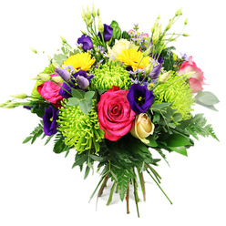 Set against a clean, white backdrop, this exuberant hand-tied bouquet appears almost to float, its colours and textures taking centre stage much like a flower stall bursting with life near Brent Cross station. Dominating the composition are velvety hot pink roses, fully open and ruffled, their rich petals layered so densely you can almost imagine their soft, sweet scent. Beside them, lime-green spider chrysanthemums explode in a halo of slender, curling petals, bringing a lively chartreuse contrast that feels spirited and contemporary. Nestled throughout are deep indigo and royal purple lisianthus, some cupped like delicate bells, others still tightly formed buds, lending a sense of rhythm and quiet sophistication to the brighter tones. Golden-yellow gerbera-style blooms are scattered through the bouquet like drops of sunshine, suggesting cheerful celebrations with family and friends in and around Brent Cross. Near the base, a single cream-to-pale yellow rosebud rests in a classic spiral, a gentle focal point that softens the overall effect. Delicate touches of light pink, lavender, and periwinkle filler flowers weave between the larger blooms, while slender, upward-reaching buds add subtle vertical lift and keep the eye moving. A generous mix of glossy dark greenery, including airy fern fronds and round, eucalyptus-like leaves, frames the flowers in rich, woodland tones, enhancing their brilliance and giving the arrangement a natural, garden-fresh feel. The stems are neatly gathered in a rounded, domed shape that speaks of an experienced florist's hand, ready to be placed in a favourite vase at home or delivered as a thoughtful gift for birthdays, anniversaries, or spontaneous thank-you gestures across the Brent Cross area.