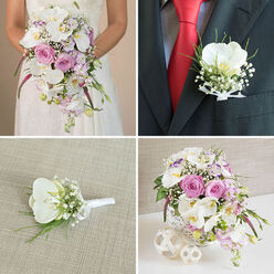 This detailed four-image collage showcases a cohesive wedding flower story, as if planned for a chic Brent Cross ceremony and reception. The top left panel focuses on the bride's hands and mid-torso, her white lace dress forming a delicate backdrop for a cascading bouquet rich in texture and colour. White phalaenopsis orchids, their broad petals silky and luminous, sweep downward among layers of blush pink garden roses, lilac-tinged stock, and airy clouds of baby's breath. Fresh greenery peeks out between the blooms, while deep pink, almost fuchsia, spiky flowers add a streak of contemporary drama, suggesting both romance and confidence.

In the top right frame, attention turns to the groom's lapel on a dark charcoal or black suit. A bold red tie and a fine-patterned dress shirt provide contrast as a single pristine orchid boutonniere takes centre stage. The white orchid is framed by tiny gypsophila florets and slim green sprigs, the stems bound tidily with white satin ribbon. On the bottom left, this same boutonniere is photographed resting on a light beige, textured fabric-perhaps linen or burlap-so every detail of the florist's handiwork is visible, from the smooth ribbon wrap to the natural curve of the petals.

The bottom right panel reveals the coordinated table centerpiece, perfect for a reception at a Brent Cross hotel, restaurant, or a private home near Clitterhouse Playing Fields. Arranged in a white woven or lattice-patterned cylinder vase, the design echoes the bouquet with its white orchids, soft pink roses, pale lavender stock, baby's breath, and fresh greenery, all accented again with those deep pink spires. Two white woven decorative spheres sit nearby on a pristine white surface, tying together a look that is elegant, romantic, and meticulously considered.