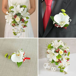 This four-part wedding image tells a gentle story of coordinated floral design, the sort you might see carried from a Brent Cross church aisle to a nearby reception. In the top-left frame, the bride is visible from the chest down, her simple white gown textured with a subtle pattern that catches the light. She cradles a dramatic cascading bouquet built around star-shaped white oriental lilies, their stamens soft yet striking against the velvety petals. Flowing strands of white Phalaenopsis orchids tumble downwards, lending an almost waterfall effect. Nestled in the centre is a creamy yellow-tinged rose, embraced by bright green spherical blooms reminiscent of Santini chrysanthemums, gleaming clusters of red berries, and fine sprays of white gypsophila, all threaded with airy greenery and slender grasses for texture. The top-right frame draws us close to the groom's charcoal suit, crisp white shirt, and vivid red tie. On his lapel, a refined boutonnière echoes the bridal bouquet: a single white orchid bloom with a warm yellow throat, a touch of green pompon flower, and tiny buds of white filler, all tied at the base with a narrow red ribbon that mirrors his tie. In the bottom-left image, that same boutonnière rests on a softly textured beige fabric, almost like a still life laid out on a North Circular-facing windowsill. Every component is visible-the orchid's smooth petals, the fresh green leaf backing, the gleam of the ribbon wrap. Finally, the bottom-right panel shows the cascading bouquet arranged upright in a white woven basket vase on a clean white surface, with three white wicker spheres placed beside it, suggesting a modern, minimal reception styling in a North West London venue, where the white lilies, orchids, green accents, and red berries combine into a unified bridal look.