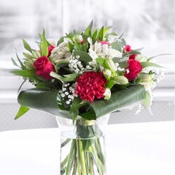 In this image, a confident, contemporary bouquet in classic red and white is captured at its freshest, poised in a tall, clear glass cylinder vase. The waterline reveals neatly trimmed green stems, lined up with care by an experienced florist, suggesting both structure and vitality. At the centre, several velvety red roses and a large, deeply frilled crimson carnation draw the eye, their rich scarlet tones evoking romance, respect, and joyous celebration. Surrounding them, white alstroemeria blooms with delicate speckles, soft white chrysanthemums, and several closed white lily buds create a serene contrast, like quiet breaths of calm between the more fiery blooms. Tiny white gypsophila flowers scatter through the arrangement, their airy clusters softening the composition the way light mist softens the skyline over Brent Cross at dawn. Lush greenery frames the bouquet: broad, glossy dark green leaves curl neatly around the base like a tailored collar, while slimmer, eucalyptus-like stems and pointed foliage rise amongst the blooms, offering layers of shape, texture, and fresh woodland hues. The bouquet sits on a pristine white surface, with a bright, lightly blurred backdrop that suggests a sunlit room or shop window somewhere off the Hendon Way. The lighting is gentle and even, catching on the petals and glass without harshness, enhancing the bouquet's polished yet warm personality. It feels perfectly suited to celebrating milestones-an engagement dinner in a Brent Cross townhouse, a promotion in a nearby office, or a meaningful birthday-delivered the same day to bring colour, fragrance, and a touch of considered elegance to any local gathering.