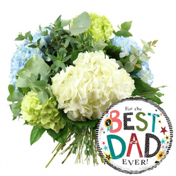 Set against a simple white backdrop, this image captures a thoughtful Father's Day gift that combines classic floristry with a touch of playful fun. The main focus is a generous bouquet of hydrangeas, hand-tied and arranged in a rounded, full shape that fills the upper left and central part of the composition. At the centre, creamy white hydrangea heads form soft, pillowy clusters, their many tiny petals overlapping to create a luxurious, cloud-like texture. Threading between them, light blue hydrangeas appear on the left and near the top, adding cool, soothing tones reminiscent of soft sky colours over Brent Cross in early summer. Pops of lime-green hydrangeas are clearly visible near the lower left and right, bringing a lively, invigorating contrast that brightens the whole arrangement.   

Interspersed among the hydrangeas are sprigs of silvery-green eucalyptus and deeper green leaves, which add structure, natural movement, and the hint of a clean, aromatic scent. The green stems of the bouquet are visible at the base, aligned and tied together, suggesting a freshly crafted gift ready to be delivered to homes and offices around Brent Cross Shopping Centre and the nearby residential streets. In the lower right corner of the image, overlapping part of the bouquet, a glossy round foil balloon adds a joyous accent. The balloon has a white central panel edged with bold black-and-white stripes, and carries the cheerful message "For the BEST DAD EVER!" The words "BEST" and "DAD" are expressed in a mix of playful fonts and patterns, including polka dots, stripes, and vivid solid shades of red, teal, black, and green. Small stars in yellow, red, teal, and black, along with colourful confetti-like dots and a discreet "No. 1" rosette, decorate the space around the message. The overall impression is of a warm, affectionate tribute to a father figure, ideal for a Father's Day surprise or birthday delivery across Brent Cross.