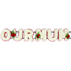 This image captures a beautifully composed 'OUR MUM' letter tribute, the kind of thoughtful memorial piece often crafted by Brent Cross Flowers for services held near the shopping centre or local synagogues and churches. The arrangement is photographed against a plain white background, allowing the floral work to take centre stage without distraction. Each capital letter is densely covered in pristine white chrysanthemums, their small, rounded petals overlapping to build a soft, cushion-like surface. The chrysanthemums are fresh and uniform, creating a calm, soothing field of white across the words. Encircling each letter is a bold border of deep red flowers, likely carnations, pressed closely together to form a velvety band of colour. This red edging traces every curve and corner, sharply defining the shapes of the letters and adding a sense of rich, traditional formality. Between the letters, three carefully placed sprays of red roses and green foliage provide points of focus and emotion. One sits between the "O" and the "U", another between the "U" and the first "M", and the last rests at the outer edge of the final "M". The roses are lush and slightly open, their deep crimson petals contrasting vividly against the white chrysanthemums while the surrounding greenery introduces texture and depth. Slender dark green bars and wiring are just visible behind the florals, hinting at the sturdy frame that supports the tribute for display on a coffin top or stand. The composition of white, red, and green feels balanced and considered, suggesting not only skilled craftsmanship but also the quiet love and gratitude of a family honouring their mum's life. The tribute radiates a sense of serenity, devotion, and lasting remembrance, making it a fitting floral message for a final farewell.