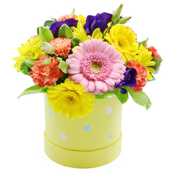 This image presents a cheerful Easter floral hatbox, arranged with the same care and precision you might expect from a seasoned local florist in Brent Cross. Set against a simple white backdrop, the bouquet forms a rounded, domed silhouette, tightly composed so that each flower feels intentional and balanced. At the heart of the design sits a prominent pink gerbera daisy, its smooth, overlapping petals arranged in a tidy ring around a soft green centre that adds a note of cool freshness. Clusters of bright yellow chrysanthemums surround the gerbera, their many slender petals creating a radiant, almost sunburst effect that instantly brightens the composition, like a burst of sunshine over Clitterhouse Playing Fields on a clear spring afternoon. Interwoven among them are plush coral-orange carnations, their gently ruffled petals layered thickly, bringing warmth and a sense of softness that you can almost feel. Deep violet-purple lisianthus flowers peek out between the brighter blooms, their rich, velvety tones providing a striking contrast that keeps the palette sophisticated and visually engaging. A variety of green foliage, some leaves edged with subtle pale variegation, cradles the flowers and adds texture, depth, and a hint of movement, suggesting the natural growth of a well-tended garden. The arrangement is nestled inside a cylindrical hatbox container in a pastel lime yellow-green shade, whose sides are adorned with scattered Easter eggs in muted blues, pinks, and whites. Some of these tiny eggs feature delicate dots or stripes, lending a playful, seasonal character that makes the piece particularly suited to spring celebrations, from Easter brunches to family get-togethers near Brent Cross. This bouquet would work beautifully as a table centerpiece or a thoughtful, uplifting delivery, bringing a sense of renewal and light-hearted joy into any home.