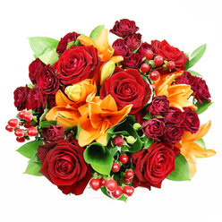 From a top-down view on pristine white, this abundant hand-tied bouquet is a study in warm, layered colour and texture, crafted to speak softly of celebration and devotion. Dominant, fully opened deep-red roses form the visual anchor: their velvety petals unfurl toward the centre like small, luxuriant cups that invite touch and lingering scent. Interwoven are vivid orange Asiatic lilies-some blown wide to reveal their dark stamens, others in elegant, unfolding stages-whose trumpet shapes and radiant tones lend lively movement and optimism to the arrangement. Dark burgundy spray roses cluster close to the larger blooms, adding dense, plush contrast as if the bouquet were painted in rich wine and ember. Glossy Hypericum berries in ruby-red appear intermittently, catching light and adding cheerful, tactile pinpoints amid the foliage. Shiny green ruscus or salal leaves fan discreetly from beneath, offering a cool, broad-leafed backdrop that highlights each bloom's silhouette. The overall effect is deliberately opulent yet approachable, with soft, even lighting that accentuates petal textures and the bouquet's sculptural roundness. As a local florist in Brent Cross I imagine delivering this to a nearby flat after a leisurely stop by the shopping centre or leaving it brightening a bedside table near Cricklewood Broadway; it carries the scent of roses and a subtle spicy-lime hint from the lilies. Brent Cross Flowers prepares arrangements like this for anniversaries, heartfelt thank-yous, or autumnal celebrations-meant to be both seen and breathed in.