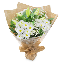 This refined sympathy bouquet stands centre stage against a spotless white background, its white and green palette appearing especially pure and soothing. The main body of the arrangement is formed by numerous daisy-like white chrysanthemums, each bloom a careful rosette of slim, satin-textured petals surrounding a small yellow-green heart. Together, these blossoms create a soft, rounded mass that seems to invite touch, offering a sense of comfort and reassurance during difficult times. Rising above and among them are several long, tapered lily buds, still closed, with outer petals shaded in gentle green that lightens as it approaches the creamy, ivory tips. Their vertical form lends quiet elegance and suggests that the bouquet will continue to evolve, much like grief that slowly softens with time. Fine sprays of gypsophila-baby's breath-float through the arrangement, their miniature white flowers perched on threadlike stems, creating a misty veil that gives depth and airiness. Dark, glossy leaves frame the bouquet, their rich green surfaces reflecting subtle highlights and providing a strong, grounding contrast to the white blooms. The stems are bound tightly at the base and swathed in a conical wrap of rustic brown kraft paper, whose crinkled surface adds warmth and a natural, hand-crafted feel. Over this sits a sheer layer of clear cellophane, offering gentle shine and protection while still displaying the careful structure of the stems. Prepared as if in a trusted local studio like Brent Cross Flowers, perhaps destined for a quiet home near Hendon Way or Golders Green, this bouquet radiates serenity and thoughtful remembrance, perfect for expressing condolences, sympathy, or a tender get-well message in the Brent Cross area.