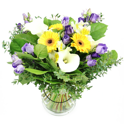 A bright, contemporary bouquet arranged by Brent Cross Flowers, set in a clear glass vase against a crisp white backdrop. The design highlights cheerful yellow Gerbera daisies as the central anchors, their large heads radiating optimism, each with a bold dark center. Between them, soft lavender to purple Lisianthus weave through the arrangement, some blossoms fully open while others remain as elegant buds, providing gentle texture and depth. Crisp white Calla lilies contribute sleek, sculptural lines, while white Alstroemeria add delicate flashes of pale color and subtle markings. The greenery is lush and varied, with slender, silvery eucalyptus stems adding aroma and airiness, complemented by broad green leaves that lend fullness and contrast to the bright blooms. The stems are neatly visible through the glass, kept tidy by a narrow black tie that holds the bouquet together in a clean, modern silhouette. This sophisticated, joyful bouquet is ideal for birthdays, anniversaries, or everyday celebrations, and Brent Cross Flowers offers it with dependable same-day delivery across Brent Cross and nearby neighborhoods, making it a reliable choice for thoughtful gifts that feel effortless and fresh.