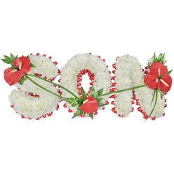 This image shows a beautifully composed floral tribute spelling out the word "SON" in strong capital letters, set against a bright, uncluttered white backdrop that highlights every detail. Each letter is built from a dense mass of pristine white chrysanthemums, tightly packed so that the surface appears soft yet structured, like a gentle white quilt of petals. The flowers suggest purity, peace, and a tender farewell. Around the outer edges of each letter, a vibrant red satin ribbon is carefully pleated into scalloped folds, following every twist of the 'S', the inner and outer lines of the 'O', and the upright shape of the 'N'. The ribbon's deep red hue and subtle sheen introduce a striking contrast against the white blooms, giving the word crisp definition. Three clusters of red anthuriums, known for their glossy, heart-shaped spathes and prominent spadices, act as emotional accents across the arrangement. On the upper left of the 'S', a generous spray of anthuriums sits among lush dark green foliage and delicate fern fronds, forming a strong starting point for the eye. At the base of the 'O', a single anthurium rests gracefully on the white flowers, like a quiet note of personal remembrance. On the upper right of the 'N', an abundant grouping of multiple anthuriums and rich greenery completes the composition, bringing visual balance. Fine strands of green foliage and stems drape gently over the letters, connecting the red focal points in an organic flow. This bespoke "SON" tribute, similar to those often ordered from Brent Cross Flowers for services around Hendon, Golders Green, and Cricklewood, is designed as a loving expression of grief and gratitude for a much-loved son.