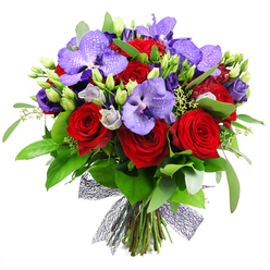 In a quiet corner of Brent Cross, this aspirational bouquet is photographed against a crisp white backdrop, a statement of craftsmanship and care. The full, rounded arrangement brings together deep red roses and bold purple Vanda orchids, their broad petals catching the light with a velvety luster. The orchids' speckled marbling adds a touch of the exotic, while lisianthus in softer purples drift around them like soft flares of lavender. Green foliage-varying shapes from broad, polished leaves to slender, eucalyptus-scented sprays-frames the blooms and builds lush depth. Scattered among the flowers are fresh green buds, some elongating, others stout, giving the impression of growth and ongoing life. Tiny pale-green fillers weave through the stems, adding delicate texture and airiness to the arrangement. The stems are gathered at the base and finished with a decorative netted ribbon in a near-black, plum-tinted tone, creating a contemporary, sculptural finish that feels as much a work of art as a garden in miniature. The bouquet radiates romance and life, suited to anniversaries, weddings, or as a grand gift that makes a room feel instantly more festive. It is ideally suited for delivery across the Brent Cross area and surrounding NW4 neighbourhoods, bringing fresh stems, careful handling, and the assurance of same-day service when arranged by a trusted local florist. A refined centrepiece with a timeless colour story, this piece embodies the region's appreciation for quality, seasonal florals, and the artistry of a skilled hand at Brent Cross Flowers.