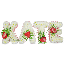 This elegant sympathy tribute spells KATE in bold, three-dimensional letters, each one meticulously covered with tiny white chrysanthemums to create a uniform, plush surface that reads as both pure and comforting. A soft, pleated pale pink ribbon rims the edges of each letter, its gentle ruffles softening the stark white and adding a refined, hand-finished detail. Brilliant red anthuriums-small clusters with glossy, heart-shaped spathes and distinct spadices-are nestled within the chrysanthemum field to punctuate the design with heartfelt colour, their smooth sheen contrasting with the cushiony texture of the spray chrysanthemums. Lush green accents, including fern fronds and broad, glossy leaves, are artfully grouped around the letters, while thin trailing vines bridge the gaps between the K, A, T and E, giving the whole piece an organic flow and a sense of continuity. The arrangement sits against a pristine white backdrop, the letters lifting visually from the surface with a faint shadow that underscores their dimensional sculpting. Imagine the tactile difference between the velvety chrysanthemums and the slick anthurium spathes, and the soft, green scent carried by the foliage-subtle, grounding and respectful. Created as a personalised memorial for funeral services or quiet gatherings to honour a life, this design balances tenderness and dignity. Local families in Brent Cross, West Hendon and nearby Golders Green often choose this kind of composition for its clarity of message and quietly resonant beauty.