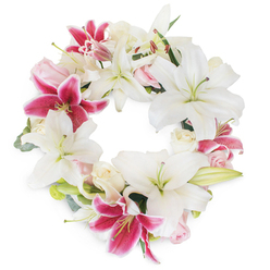 Bathed in the gentle light that reminds one of a Brent Cross sunrise, an elegant floral wreath rests against a pure white background-a delicate emblem of remembrance. The arrangement is a masterpiece of local florist skill, featuring luxuriant white lilies at its heart, their expansive petals embodying peace and gentle farewells. Lively fuchsia pink lilies interweave throughout, their bold magenta shades and subtle speckling introducing a spark of love and cherished memory. Between these, clusters of pale blush and creamy roses-tightly curled or just blooming-soften the display with romantic texture and a gentle, calming fragrance, echoing the quietude of Brent Park gardens. Wisps of muted green foliage slip gracefully behind the blooms, lending both depth and a fresh motif, much like the wild hedges tucked along the River Brent. The circle forms a seamless unity, symbolising both eternity and the cyclical nature of life-perfect for sending condolences, marking a life celebration, or honouring a family member through times of loss. The craftsmanship from Brent Cross Flowers is evident in every balanced detail, with meticulous placement of colour, form, and floral variety. This arrangement is available for same-day delivery across Brent Cross and nearby areas, offering comfort and gentle support with every petal.