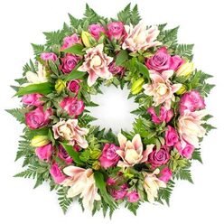 Set against a crisp white background, a circular floral wreath of roses and lilies appears almost to float, its colours bright and its textures richly layered, as though ready to be carried into a quiet service in Brent Cross. The wreath forms a complete, unbroken ring, dense with blooms that touch and overlap, leaving no empty spaces. At the forefront, roses in deep magenta, vibrant fuchsia, and soft blush pink cluster together, their velvety petals unfolding in delicate curls. Some of these roses are in full bloom, revealing intricate, ruffled centres, while others are still in bud, adding small, rounded accents throughout the design. Interlaced between the roses are luxurious double lilies, their broad petals layered like fine silk. These lilies show a gentle colour gradient, from creamy white and very pale peach at the base, blending into blush pink towards the outer edges, with a few subtle darker veins adding depth. Upright lime-green buds of lilies, still tightly closed, rise here and there, giving the wreath both structure and a sense of ongoing life. The blooms are supported by abundant greenery: feather-light fern fronds fan out around the edges, while smooth, glossy dark green leaves nestle in between the flowers, creating a lush, rounded silhouette. The crisp white background heightens the colour contrast, making the pinks and greens especially vivid. The overall impression is one of tender grace and solemn beauty, the kind of elegant condolence wreath a Brent Cross family might choose for a funeral at a local church or crematorium, or for a memorial gathering, to surround cherished memories with colour and quiet comfort.