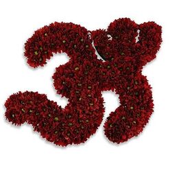 An intimate, reverent floral offering shaped into the sacred Om symbol, entirely composed of rich, deep red chrysanthemum blooms packed close to one another to form smooth, meditative contours. Each tiny flower presents velvety petals in a garnet hue, their compact faces creating continuous, flowing lines; faint green centres punctuate the massing like gentle lights, adding depth and a living contrast to the dark petals. The arrangement sits on a stark white field that heightens the colour's intensity and focuses attention on the symbol's sacred geometry; a soft grey shadow beneath implies a modest elevation, as if the piece were placed on a shrine cloth or ceremonial table. Up close you can almost sense the chrysanthemums' earthy, calming scent - a quiet, grounding aroma that accompanies moments of reflection, remembrance, or ritual. The craftsmanship shows in the careful balance between structural clarity and organic softness: every curve and loop reads clearly while preserving the flowers' natural resilience. In Brent Cross and surrounding neighbourhoods such a creation might be commissioned for a private memorial, a spiritual gathering at a local community hall, or as a consoling tribute delivered to families in Cricklewood or Hendon. The image communicates solace and devotion more than decoration; it is an offering, composed with intent, to hold space for mourning, prayer, and healing. The overall impression is of austere beauty - a floral mantra, both visually strong and quietly tender, that invites pause and reverence.