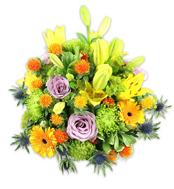 Presented on a crisp white backdrop, this densely packed floral design reads like a sun-drenched garden moment captured and composed by a careful hand. Radiant yellow Asiatic lilies form the tallest accents: some flaring open to reveal freckled throats and delicate stamens, others slender and furled, suggesting movement and growth. Nestled among them are powdery lavender roses, their soft, romantic spirals cooling the palette and adding a classic poetic centre. Large orange Gerbera daisies act as joyful beacons, their broad petals radiating from darker centres, while lime-green button chrysanthemums or 'cushion' blooms create a plush, textured base that visually cradles the composition. Little spiky, spherical orange and golden accents-reminiscent of Craspedia or small thistle-like seedheads-scatter like confetti, offering playful contrast. Several steely blue Eryngium thistles emerge at the edges, their sculptural bracts lending a contemporary, slightly rustic silhouette against the warmer tones. The variety of foliage-broad glossy leaves, ferny fillers and slender lily foliage-builds depth and rhythm, catching soft light and giving the bouquet a freshly gathered feel. The overall mood is celebratory and comforting, balancing exuberance with refinement; you can imagine it brightening a kitchen table in Brent Cross, sent to mark a birthday in Hendon, or placed as a cheery get-well gesture across the North Circular corridor. The arrangement reads as handcrafted, seasonally fresh, and perfect for occasions that call for warmth and thoughtful generosity.