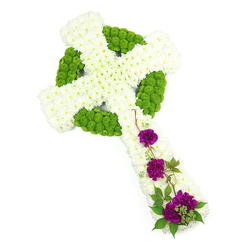 This photograph shows a carefully crafted Celtic cross floral tribute, positioned slightly on the diagonal against a clear white background so that every line of the design is easy to follow. The body of the cross is densely padded with small white chrysanthemum heads, each one fresh and perfectly formed. They are set closely together, creating a seamless surface of white that looks almost like a soft quilt of petals running along the vertical stem and out across the horizontal arms. Layered over this is the Celtic cross motif, picked out in bright lime green button chrysanthemums. These tiny, globe-shaped flowers trace the circular ring at the centre and draw narrow paths along the arms, forming gently curved bands that suggest the interlaced patterns so associated with Celtic art and spiritual symbolism. The interplay of white and green gives the tribute a clean, uplifting feel that would sit beautifully in a peaceful service setting in Brent Cross, perhaps near the shopping centre's chapels or at a nearby crematorium. Towards the lower section of the cross, three clusters of rich purple carnations provide a vivid splash of colour. Their deep, velvety petals curl and fold into one another, creating full, textured blooms that stand proudly against the white foundation. These purple flowers are complemented by short sprays of dark green foliage and a few slender woody tendrils that arc lightly across the chrysanthemums, adding a natural, slightly trailing movement. The lighting is soft and even, with no harsh shadows, so the fresh colours and fine textures are clearly visible. As a whole, the tribute expresses reverence, comfort, and enduring love, ideal for funerals, memorials, or graveside tributes in and around Brent Cross.