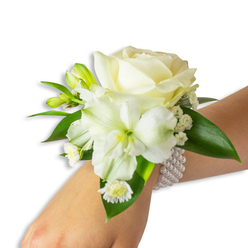 This wrist corsage is a study in refined simplicity, shown against a clean white background with the fair wrist entering the frame from the lower right to present the floral cluster. A creamy ivory rose anchors the design, its velvety petals unfurling in layered curves that create a soft, luminous centre. Slightly below and to the left, a large white, trumpet-formed bloom - perhaps an Alstroemeria - reveals a delicate green-yellow throat that gives the arrangement warmth and sculptural contrast. Sprigs of tiny white gypsophila float between the main flowers, adding an airy, romantic veil, while several lively green buds hint at future blossoms. A small grouping of daisy-like white florets with sunny yellow centres sits nearer the wrist, offering a charming, informal accent against the more formal rose. Deep green, waxy leaves provide a luxuriant frame and lift the whites forward visually. The corsage is tied to the arm by a multi-strand bracelet of uniformly round, lustrous faux pearls that encircle the wrist with classic elegance, the cool bead surface against skin suggesting quiet luxury. Under soft natural or studio light the texture of each petal is clear, and a faintly fresh, powdery scent of rose and green stems is almost perceptible. Crafted with attention to balance and proportion, this piece is ideal for weddings, proms, or gala evenings in Brent Cross and surrounding neighbourhoods like Cricklewood and Golders Green. Prepared by Brent Cross Flowers with local delivery options, it reads as both timeless and intimately made.