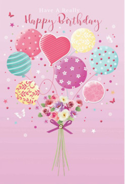 In this charming birthday artwork, a dreamy mix of balloons and blooms appears to float above the homes and parks around Brent Cross, turning a simple greeting into a moment of celebration. The background is a soft blush pink, gently luminous, giving the impression of early evening light when the sky softens over nearby Hendon Way. At the base of the image, a tidy hand-tied bouquet anchors the composition. It features petite roses and soft, daisy-like flowers in creamy ivory, delicate blush pink, and pale mauve, their petals layered and velvety, as though each bloom has been carefully selected at a local flower stall. The green stems are gathered together and finished with a violet satin ribbon, tied in a neat bow that glimmers faintly, adding a touch of elegance. Rising from this bouquet is a cluster of pastel balloons, as if the flowers themselves are being carried aloft on a birthday breeze. The balloons come in harmonious hues of sea green, sunny yellow, rose pink, and lavender. Each is decorated with its own pattern-fine stripes that curl like streamers, sprinkles of dancing polka dots, tiny blooms, and flowing swirls. A single heart-shaped balloon in the centre radiates warmth and affection, making the design feel especially suited to close family or dear friends. Soft light highlights the glossy balloon surfaces and the natural curves of each petal, lending depth and gentle sparkle. Tiny stars and fluttering butterflies are scattered throughout the scene, adding a hint of fairy-tale wonder, as if this birthday wish could drift across Brent Cross and arrive, weightless and full of joy, at a doorstep ready for a surprise.