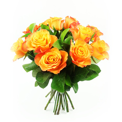 A hand-tied cluster of glowing roses takes centre stage against a plain white background, its colours echoing the cheerful bustle around Brent Cross on a sunny day. Approximately twelve roses are gathered into a compact, rounded bouquet, each bloom fully open so that every petal can be seen in rich detail. From their centres, the petals begin in clear golden yellow, then gradually deepen into warm apricot and vivid orange, with some outer edges showing a delicate wash of red-orange, like the fading light over the North Circular in late afternoon. The petals are soft and velvety, gently layered and slightly ruffled, creating a plush, inviting texture that suggests both abundance and care. Interspersed among the blossoms are glossy, deep green leaves that frame the roses and offer a cool counterpoint to the warm hues, adding structure and visual rhythm, much as small green spaces do amongst the roads and shops near Brent Cross station. Below the lavish canopy of flower heads, the dark green stems are neatly trimmed and held in a tidy bundle, hinting that this bouquet has been freshly arranged and is ready to be delivered as a thoughtful surprise to a home in Hendon, Golders Green, or the streets around Brent Cross Shopping Centre. The stark white backdrop strips away any distraction so the oranges and yellows appear almost luminous, conveying a sense of celebration, encouragement, and heartfelt appreciation. This bouquet would feel perfectly at home on a dining table for a special meal, on a reception desk to welcome guests, or as a warm, bright gesture to lift someone's spirits in North West London.