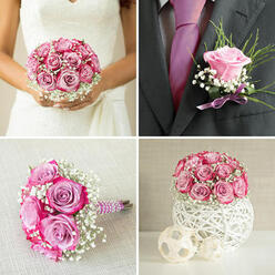 This image focuses closely on a groom's boutonniere, a delicate floral accent that stands out beautifully against the deep charcoal of his suit. At the centre is a single pink rose, its petals smoothly curved and densely layered, creating a sense of fullness despite the boutonniere's petite scale. The rose is accompanied by light touches of greenery and tiny sprigs of white baby's breath, their fine textures softening the overall look and lending a feeling of freshness, as though the flowers have just been gathered from a garden near Brent Cross on a clear morning. The stem is wrapped in a ribbon with a velvety look, folded snugly around the base to create a polished, tapered finish that sits neatly against the lapel. The contrast between the bright, romantic bloom and the structured, dark jacket mirrors the balance many couples in Brent Cross seek-traditional elements infused with a modern, understated twist. Subtle lighting falls across the rose, highlighting the rich pink tones and the natural contours of each petal without casting harsh shadows. It feels like a quiet, intimate moment: perhaps the groom is adjusting the boutonniere in a mirror, or a loved one has just pinned it in place before leaving for a ceremony near Hendon or along the North Circular. As a local florist, I see how the restrained composition allows the rose to carry the emotional message-a gentle symbol of love, celebration, and the joy of being chosen-making this boutonniere perfect for wedding photographs and treasured memories that will be revisited for years to come.