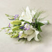 Framed by soft, natural light on a pale beige linen backdrop, this fresh bouquet embodies a clear early-summer serenity, crafted with an eye for refined simplicity. At its heart are pristine white lilies, their broad trumpets opened to reveal golden stamens and tiny dark specks inside the throats, while several slender green buds promise future blooms and an evolving display. Sprinkled around the lilies are white lisianthus, each edged with a gentle lavender-purple blush that adds a shy, painterly hint of colour; the lisianthus appear in stages from tight buds to fully ruffled flowers, creating a sense of movement and anticipation. Fine, feathery greenery-resembling asparagus fern-threads through the bouquet, giving it a soft, floating silhouette, while larger glossy leaves anchor the arrangement with deeper green tones and tactile weight. Delicate clusters of baby's breath-like filler flowers lift the composition, producing an airy, almost cloud-like texture that allows light to pass through and soften the overall silhouette. The stems are artfully gathered and secured with a crisp white satin ribbon on the right, a neat finish that speaks to experienced hand-tying and thoughtful presentation. The composition carries a faint sweet fragrance balanced by green freshness, and the harmony of textures-from satin petals to whispery filler-creates a gentle, restorative mood. Suitable for intimate gatherings, bridal bouquets, or thoughtful sympathy gestures, this bouquet also works well for same-day delivery across Brent Cross and neighbouring Cricklewood or Hendon when a calm, elegant statement is required.