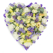A densely packed, heart-shaped memorial spray set against a soft white studio background, the design radiates a calm, consoling presence. Cream and pale yellow roses form the main body of the heart, their petals ranging from tightly furled buds to gently opening blooms with the palest wash of green at the base of some petals, creating a layered, luxurious texture. Around and between those roses, cloud-like white carnations add volume and a classic softness, while clusters of fine lavender statice and small daisy-like purple asters with sunny yellow centres offer rhythmic, jewel-like accents that catch the eye and deepen the palette. A continuous loop of rich purple satin ribbon traces the heart's perimeter, neatly folded to give the tribute a finished, dignified frame. Scattered throughout are rounded, blue-green eucalyptus leaves whose silvery sheen and distinctive oval shapes break the floral density and suggest a cool, subtle fragrance that balances the sweetness of the roses. The lighting is gentle and even, emphasising the creamy tones and delicate lilac highlights without harsh shadows, as if photographed for a caring florist's catalogue. The overall effect is one of quiet devotion and remembrance: a sympathetic arrangement made to honour a loved one at a service, wake or graveside. It speaks of steady love and consolation, crafted with meticulous attention to balance, scent, and form. Locally, this kind of tribute is commonly requested for services around Brent Cross, Cricklewood and nearby Golders Green, where families look for understated elegance and thoughtful, comforting detail in their floral tributes.