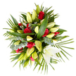 Viewed from directly above against a crisp white background, this lush, mounded bouquet reads as a study in contrast and comfort. A ring of roughly a dozen deep crimson roses - each petal velvety, layered and gently cupped - anchors the composition with a classic, heartfelt note, while a profusion of white and cream lilies weave through the reds, many held in long, pale yellow-green buds that taper to a point and promise to open. One trumpet-shaped lily is fully unfurled near the lower right, its pristine white petals curving back to reveal delicate yellow stamens; that single blossom draws the eye and softens the arrangement with an almost sculptural calm. The flowers sit within a generous collage of greenery: broad, glossy leaves give weight and structure; spiky, palm-like fronds radiate outward to create movement; and clusters of muted silver-green eucalyptus add a cool, textured foil. The light is bright and even, catching the slight sheen on rose petals and the satiny surfaces of the lilies, producing gentle highlights and soft shadow that emphasize depth in a top-down view. There is a quiet aromatic suggestion here - the soapy, green lift of lilies mingled with the warm, spicy undertone of roses and the clean, woody scent of eucalyptus - that makes the bouquet feel both consoling and refined. As a florist arranging sympathy or memorial flowers, I would present this piece for viewing in the chapel, funeral home, or as a dignified delivery to a family home in Brent Cross, Hendon or nearby Cricklewood, where its restrained elegance reads as respect, remembrance and gentle solace.