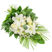 A long, tapered funeral spray in shades of white and green lies against a spotless white background, its one-sided design inviting the eye to travel from a full, rounded top to a gently pointed lower right. At the core of the piece are several impressive white lilies, their broad petals unfolding in a calm, open gesture, revealing pale green centres and lightly dusted yellow-green stamens. Some lilies remain as poised buds, adding height and a sense of ongoing life. Surrounding them, creamy white roses cluster together, some still tightly closed, others opening to display layers of soft, velvety petals. White carnations with frilled, cloudlike edges and neat white Gerbera-style daisies with delicate cream or slightly darker centres bring texture and subtle contrast. Tiny white filler blooms weave among the larger flowers, creating an airy, almost shimmering effect. Encasing this central cluster is a generous bed of greenery that constructs the spray's distinct elongated shape, ideal for funeral and memorial services around Brent Cross and nearby Hendon. Broad, polished dark green leaves provide structure, while light, feathery fern fronds and rounded eucalyptus leaves in muted blue-green tones introduce gentle variation and depth. At the top, long, slender leaves are folded and neatly arranged to form a vertical accent, suggesting careful, considered design. From the lower right, a dramatic fan of slim palm fronds stretches outward, emphasizing the arrangement's flowing, asymmetrical profile. The overall mood is one of quiet dignity, purity, and peace, like a still moment in a garden off the North Circular, offering a tender floral farewell crafted with care by local Brent Cross florists.