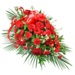 Set against a bright white background, this elegant red funeral spray from Brent Cross Flowers is created in a classic elongated style, tapering gently at both ends so it can rest beautifully as a casket spray or stand as a central tribute in a memorial setting. The heart of the design is formed by deep red roses, their velvety petals opening in layered spirals of crimson, some still tighter and others fully unfurled, conveying a sense of profound love and remembrance. Around them, generous clusters of red carnations add soft, ruffled volume, their densely packed petals creating a luxurious, cushion-like effect. Punctuating the design, red gerbera daisies offer a modern touch, their wide, flat petals radiating from darker centres like small, radiant suns among the velvet roses and carnations. Fine white filler flowers, akin to baby's breath or tiny chrysanthemums, are dotted throughout, adding delicate contrast and little sparks of brightness. The spray is framed and given structure by a base of greenery: long, arching palm fronds fan outward from the core, sculpting an elegant winged outline that feels at home in services from Brent Cross to nearby Hendon or Finchley. Beneath these, darker, more compact foliage such as salal or ruscus builds a deep green foundation, while feathery, fern-like leaves peek through, softening the edges with intricate lines. Near the upper centre, a rich red satin ribbon is fashioned into a generous bow, its glossy loops and trailing tails weaving gracefully among the blooms like a final, tender ribbon of farewell. The overall composition exudes dignity, warmth and heartfelt respect, offering a comforting floral expression for families gathering to say goodbye in the Brent Cross area.