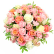 A domed bouquet of roses and spray carnations is shown against a crisp white background, radiating a serene, pastel charm that feels perfectly at home in the leafy streets around Brent Cross. The arrangement is tightly constructed into a soft, spherical shape, overflowing with blooms so that the base remains almost entirely hidden beneath the flowers. Large roses, fully open and velvety, form the core of the design, their petals unfurling in harmonious shades of creamy white, peach, coral, and salmon pink, with subtle touches of very pale yellow bringing a hint of sunshine. Each rose head is nestled close to its neighbour, creating a continuous canopy of colour and smooth texture. In between, clusters of delicate spray carnations in light pink and blush weave through the design. Their many small, ruffled petals add dimension and a lively, frilly texture, reminiscent of whipped frosting or gently rippling fabric. Sprigs of fine green foliage with slender, pointed leaves peek out intermittently, offering a fresh, natural contrast that frames the pastel palette without overpowering it. The lighting is bright and even, highlighting every curve and edge - from the satin-like surfaces of the roses to the intricate, layered crowns of the carnations - and casting only the softest of shadows. The bouquet's overall mood is uplifting, warm, and quietly joyful, making it an ideal visual for stories about birthdays, new beginnings, or thoughtful thank-you gestures delivered to homes and offices near Brent Cross Underground station. It suggests the delicate, sweet fragrance of freshly cut garden flowers and reflects the calm, polished touch of a skilled local florist creating something special for the community.