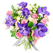 On a clean white background, this sumptuous bouquet appears almost sculptural, its colours and textures clearly defined. Dominating the design are several large Vanda orchids, their petals a velvet-rich blend of purple and indigo, decorated with intricate speckling that gives each flower a distinctive, almost starry appearance. These exotic blooms rise from a nest of soft roses, where blush-pink roses and creamy white spray roses are interlaced. Some are just beginning to open, their petals wrapped closely, while others are fully unfurled, revealing lush, spiral centres that evoke timeless romance. Scattered among the main flowers are tiny white filler blossoms and clusters of smooth, white or cream hypericum berries that punctuate the arrangement with subtle, bead-like accents. Supporting this profusion of blooms is a careful mix of foliage: deep green leaves add rich colour and sturdy structure, while silvery-grey dusty miller brings a cool, velvety softness that edges the bouquet in a gentle haze. The hand-tied stems are neatly secured with a sheer ribbon in a silver-lilac tone, its faint shimmer catching the light and tying together the palette of purples, pinks, and whites. The overall effect is both contemporary and romantic, perfectly at home in a chic flat near Brent Cross, an elegant gathering in Temple Fortune, or a quiet celebration in a family home off the A41. This is the sort of bouquet that feels appropriate for many special occasions-anniversaries, birthdays, or simply a gesture of appreciation-its refined beauty and thoughtful composition clearly reflecting the expertise of a dedicated local florist.