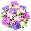 Gazing at this bouquet, you are drawn into a quiet collision of pastel pinks and sunlit ivory, illuminated by the drama of deep violet orchid accents. The peonies rise foremost, their layered, almost spherical blooms like tulle skirts at a spring ball, soft, fragrance-laden, and inviting a gentle touch. Rosy spray roses cluster in playful midpoints, lending a youthful rush of colour, while cream white roses provide a calm, vanilla-sweet counterpoint. It is the orchids that command attention here: speckled and luminous violet, their petals cool to the touch and whispering of luxury. The arrangement sits amid lush, waxy greenery that frames the blossoms, offering a crisp breath of garden air after rain. In Brent Cross, this centrepiece would shine at a celebratory dinner or as a heartfelt gift for a milestone, its balance of softness and drama speaking of affection and thoughtful artistry. The overall mood blends tender romance with a modern edge, a bouquet crafted with patience and an eye for proportion. The composition is generous yet precise, each stem supported by the foliage to create depth and texture that catches the eye from every angle. Delivery is available across Brent Cross and the surrounding NW postcodes, ensuring the bouquet arrives fresh and ready to illuminate a room or a special moment.