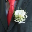 A close-up photograph shows the upper torso of a person dressed in immaculate formalwear, as you might see on a wedding morning in Brent Cross just before guests gather near the shopping centre or Hendon Way. The figure wears a dark, almost charcoal-black suit jacket with a clean, structured lapel that fills the right side of the frame. Against this deep fabric, a lustrous red silk tie runs vertically through the image, its surface catching soft, natural light so that subtle diagonal folds and highlights appear like gentle ripples. Beneath the tie is a pale, lightly patterned dress shirt, perhaps a fine check or understated weave, adding a quiet texture that never distracts from the main details. Pinned neatly to the lapel is a striking boutonniere crafted around a single white Phalaenopsis orchid. The orchid's broad petals look velvety and cool, arranged in a graceful open shape with a soft yellow-cream centre that seems to glow against the darker jacket. Surrounding the orchid, clusters of tiny white baby's breath create a misty halo, each delicate flower like a fleck of starlight. Thin, grass-like green foliage threads upward and outward, giving the design height, energy, and freshness, the sort of greenery we often choose in local Brent Cross studios for modern grooms. At the base, all stems are bound in a narrow white sheer ribbon tied into a precise, delicate bow, adding a final touch of refinement. The overall mood is one of poised celebration and quiet anticipation, perfect for a groom or prom guest stepping into a significant moment with confidence and understated elegance.