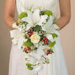 In this close, thoughtfully composed image, a bride clasps a dramatic cascading bouquet against the subtle, off-white lace pattern of her dress, creating a striking contrast between textile and petal. At the crown of the bouquet, several large white oriental lilies take centre stage, their petals smooth and gently flared, each bloom delicately freckled with reddish-brown speckles and completed by graceful stamens that arch from the flower's heart. Nestled among them, a single ivory rose with creamy, porcelain-like petals provides a romantic focal point, its spiralling form lending calm structure to the arrangement. Surrounding these central blooms, fine clusters of white baby's breath drift like a sheer veil, softening the transitions between flowers and adding an ethereal haze. From the main cluster, white Phalaenopsis orchid blooms cascade downwards, their curving stems and refined, wing-like petals creating the classic teardrop silhouette so often chosen by brides planning ceremonies near Brent Cross or along the leafy avenues of Golders Green. Throughout the bouquet, vibrant lime-green, fuzzy spheres of Green Trick dianthus or pompon chrysanthemums introduce a playful, touchable texture and a lively pop of colour, calling to mind freshly cut grass after rain. Dotted amid the whites and greens, glossy red hypericum berries contribute small, jewel-toned accents, hinting at joy and festivity without disturbing the overall harmony. Wispy greenery and darker green leaves weave between the flowers, adding depth, shape, and a hint of wildness to the otherwise polished composition. The bouquet feels both timeless and modern, a meticulously arranged bridal cascade that reflects the care and artistry of a Brent Cross florist preparing blooms for a meaningful walk down the aisle.