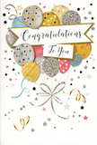 The scene captured here is of an enchanting congratulations card that feels like a sky full of party balloons gathered onto a single page, the sort of card that pairs beautifully with a bright bouquet delivered to a flat or office near Brent Cross Shopping Centre. At the centre, a broad, ribbon-like banner glides across the card, gracefully carrying the words Congratulations To You in flowing, elegant script that looks slightly glossy, as though written with a metallic pen reserved for special messages. Above and partly around this banner rises a lush cluster of balloons, arranged in a way that suggests depth and fullness, each shape gently overlapping the next. The balloons shine softly in tones of gold, silver, champagne, pale blue, blush pink, and subdued grey, with delicate patterns that add character-twinkling stars, fine glitter-style specks, and slim, shimmering bands that evoke the glint of evening lights along nearby Hendon Way. Downward from the cluster trail slender curling strings in gold and silver that wind and loop naturally, like real ribbons that have relaxed after being tied. The background is a clean, light shade, dusted here and there with tiny metallic stars, subtle swirls, and confetti-like dots that seem to float lazily, enhancing the card's sense of lightness and joy. The overall mood is both celebratory and refined, making it perfectly suited for marking achievements such as promotions, graduations, or personal milestones anywhere across Brent Cross. The attention to detail, from the layered balloon arrangement to the glimmering accents, mirrors the care a local florist puts into each bouquet, ensuring that the card feels as special and heartfelt as the flowers it accompanies.