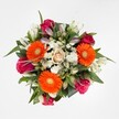 Overflowing with colour and joy, this bouquet captures the dynamic pulse of Brent Cross's neighborhoods. Sun-bright orange gerberas catch the light, anchoring the composition with their energetic petals and radiating presence. Deep magenta and fuchsia roses weave amongst them, both in full bloom and in artful bud, introducing layers of passion and playful warmth reflective of the area's lively streets. At the centre rests a single, serene peach-cream rose, grounding the display with gentle sophistication. Pale white alstroemeria, their petals delicately blushed and some still waiting to open, hint at future promises and new connections-much like meeting friends in Claremont Park or along bustling Brent Cross lanes. Sprays of white chrysanthemums add a soft, lacy dimension, their subtle texture elevating the bouquet's shape and fullness. Encircled by dark, lush foliage, the arrangement is timeless and inviting-perfect for gifting on birthdays, as an uplifting token for colleagues, or to welcome a new chapter. Every detail speaks to the care and creative flair of Brent Cross Flowers, making it an unforgettable centrepiece or heartfelt surprise delivery anywhere in the NW2 or NW4 area.