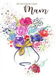 This beautifully detailed Mother's Day card illustration shows a painterly bouquet that seems to glow from within, much like a fresh arrangement waiting to be handed over on a doorstep in Brent Cross. At the centre are generous pink and magenta roses, their open forms created by layers of fluid watercolour that deepen in tone toward the middle, hinting at velvety texture and fullness. Around these roses, gentle blue and lavender blossoms appear as soft, cool halos, lending the composition a serene, almost lullaby-like quality. Delicate strokes of metallic gold trace along selected petal edges and suggest fine veins in the leaves, providing a subtle twinkle akin to sunshine glancing off bus windows along the nearby A41. The bouquet is surrounded by airy white space, with lively splashes and specks of colour dancing outward, evoking petals scattered in cheerful celebration. Beneath, a softly sketched vase anchors the piece, painted in muted pastel shades and finished with a light, graceful ribbon that hints at the finishing touches of professional gift wrapping. The overall painting feels both free and carefully considered, echoing how a floral designer arranges stems to mirror the emotions behind a Mother's Day message. There is a sense of freshness, optimism, and heartfelt appreciation in every brushstroke, making this image a lovely visual companion to flowers sent to mums across Brent Cross, Cricklewood, and nearby North West London neighbourhoods.